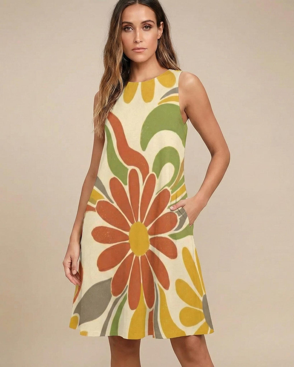 Retro Floral A-Line Dress | Sleeveless Summer Pocket Dress