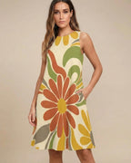 Retro Floral A-Line Mini Dress with Pockets | Sleeveless