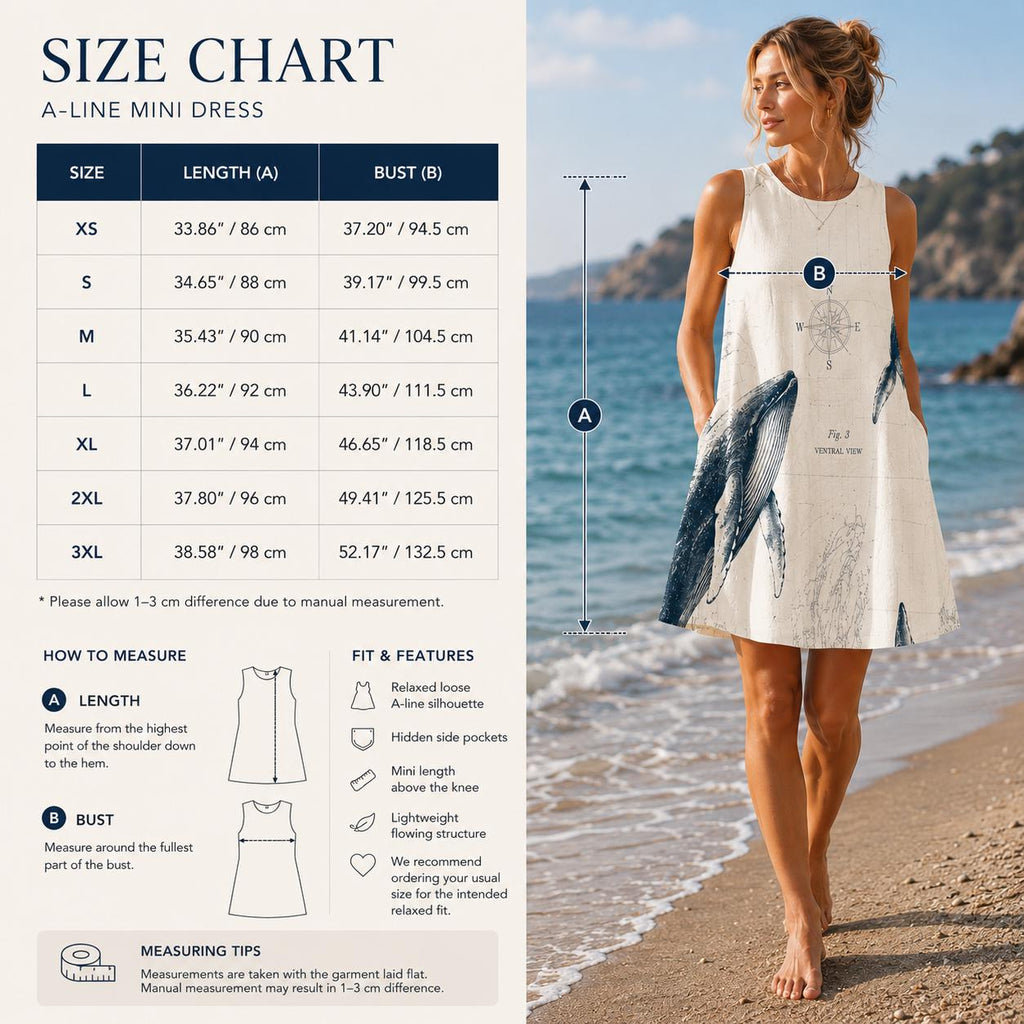 Whale Print A-Line Dress | Coastal Marine Pocket Mini Dress