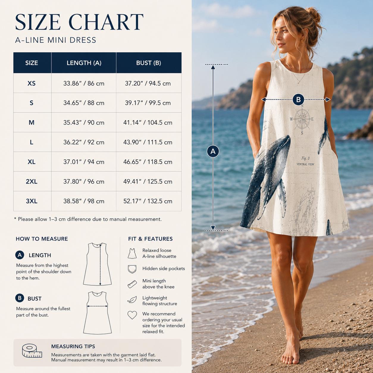 Whale Print A-Line Dress | Coastal Marine Pocket Mini Dress