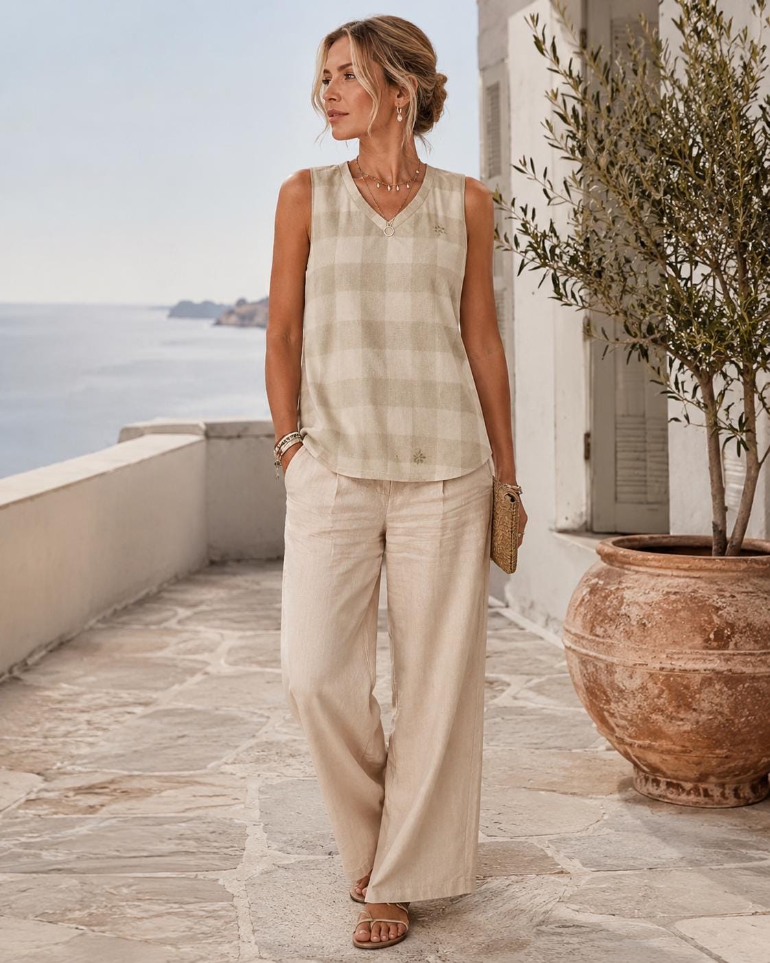 Neutral Gingham V-Neck Top | Minimalist Coastal Tank Blouse