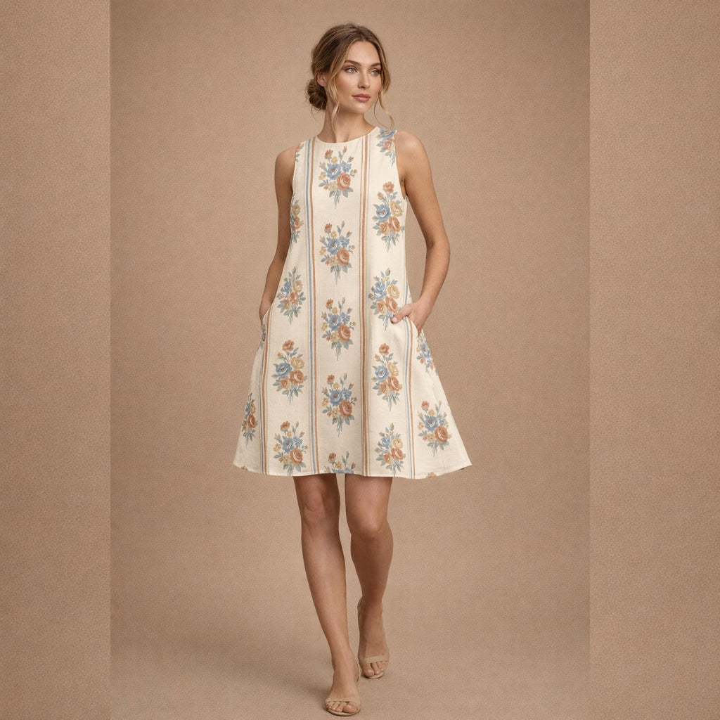 Retro Floral A-Line Mini Dress | Sleeveless Dress with Pockets