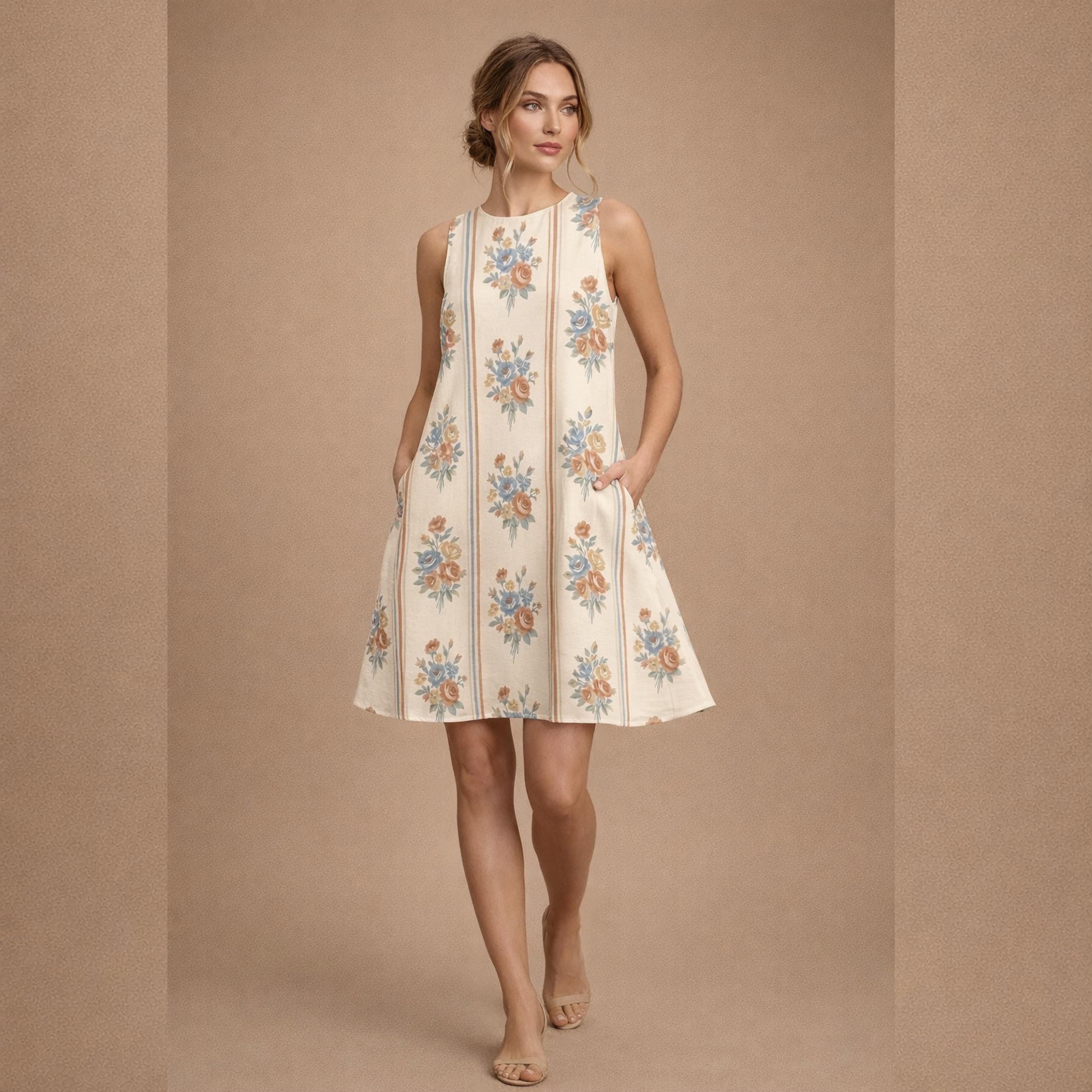 Retro Floral A-Line Mini Dress | Sleeveless Dress with Pockets
