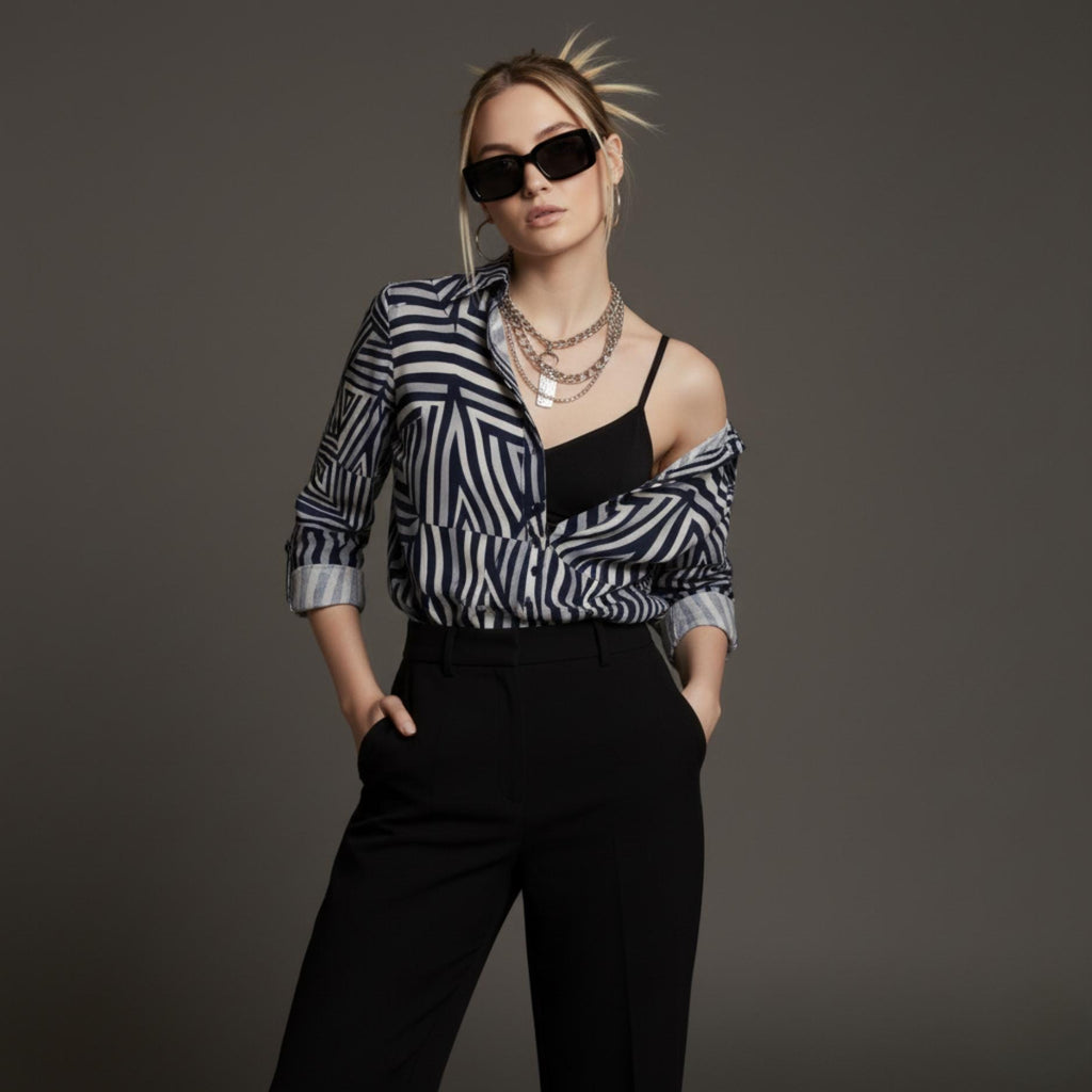 Navy Geometric Button-Down Shirt | Quiet Luxury Artwear Blouse