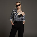 Navy Geometric Button-Down Shirt | Quiet Luxury Artwear Blouse