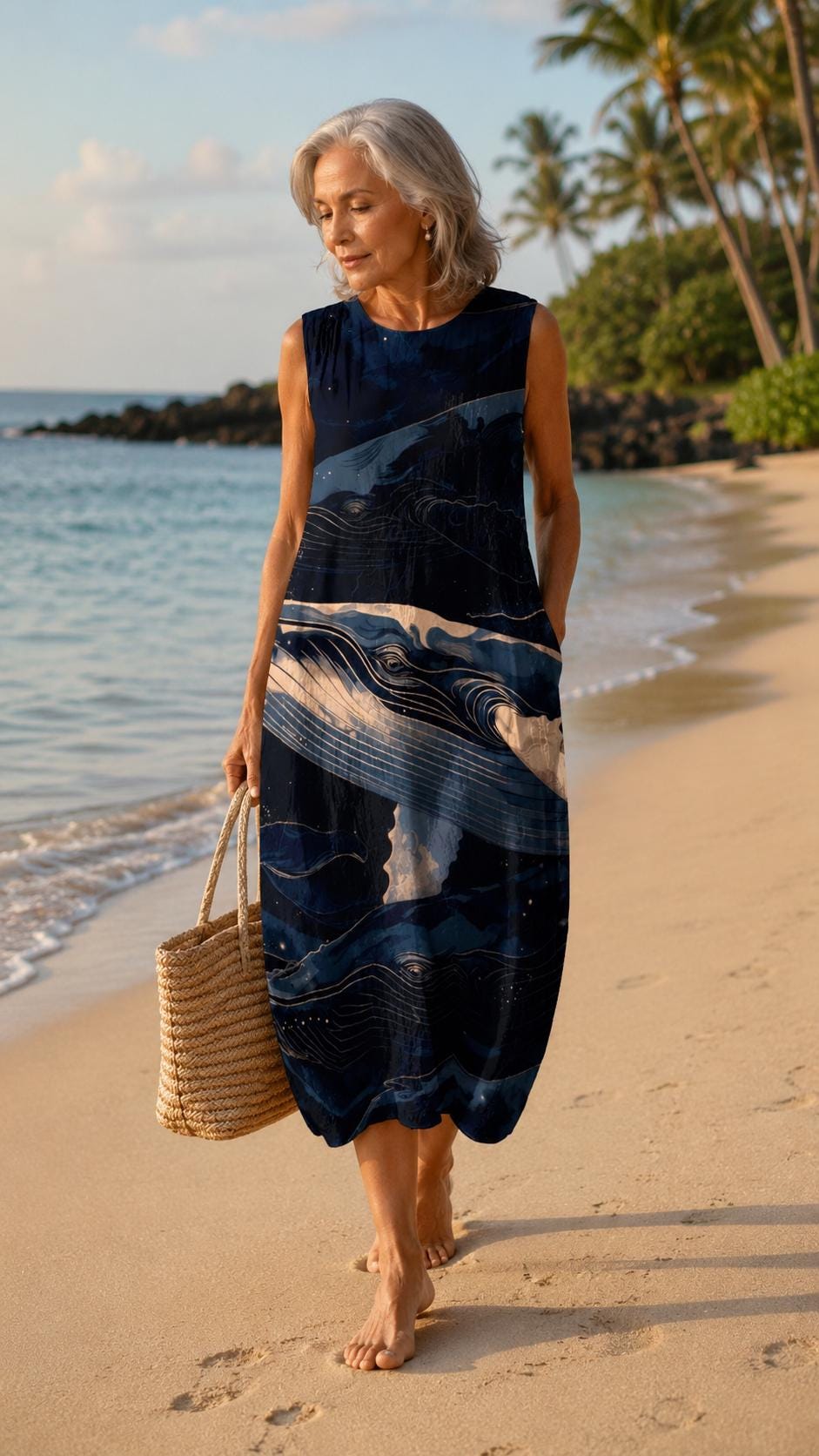 Artistic Whale Cotton Midi Dress | Coastal Ocean Resortwear