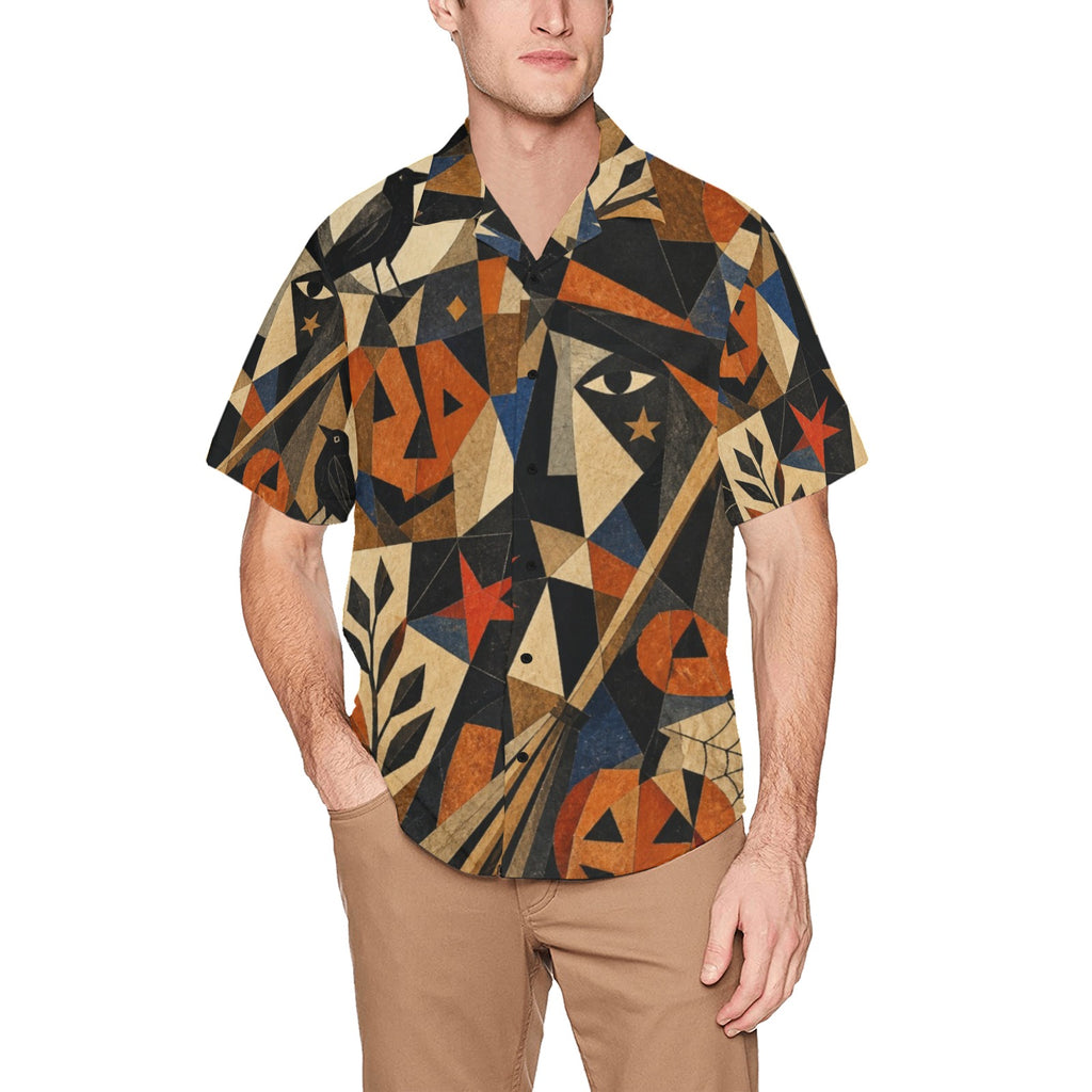 Men’s Retro Halloween Hawaiian Shirt | Geometric Pumpkin Eye