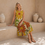 70s Daisy Cotton Midi Dress | Retro Floral A-Line Pocket Dress
