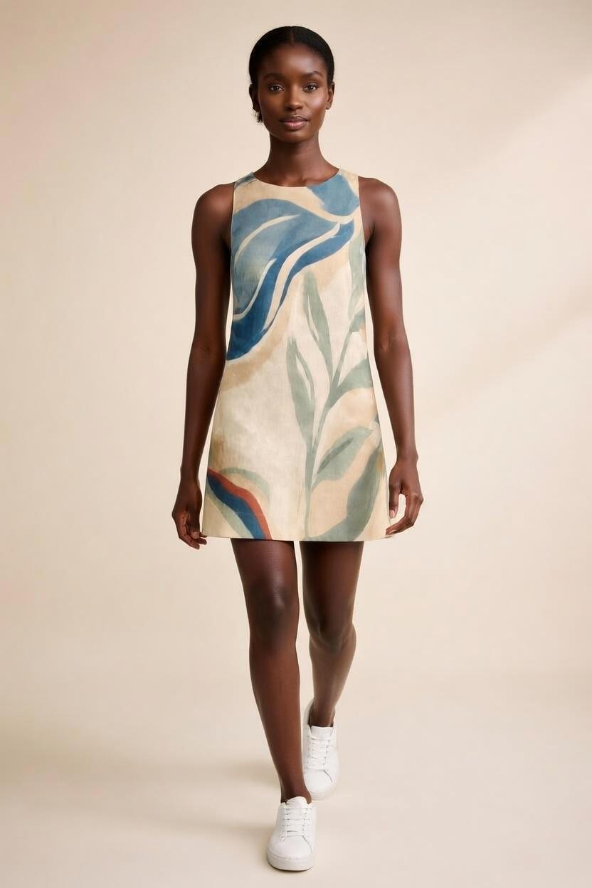 Abstract Botanical Mini Dress | A-Line Resort Vacation Dress