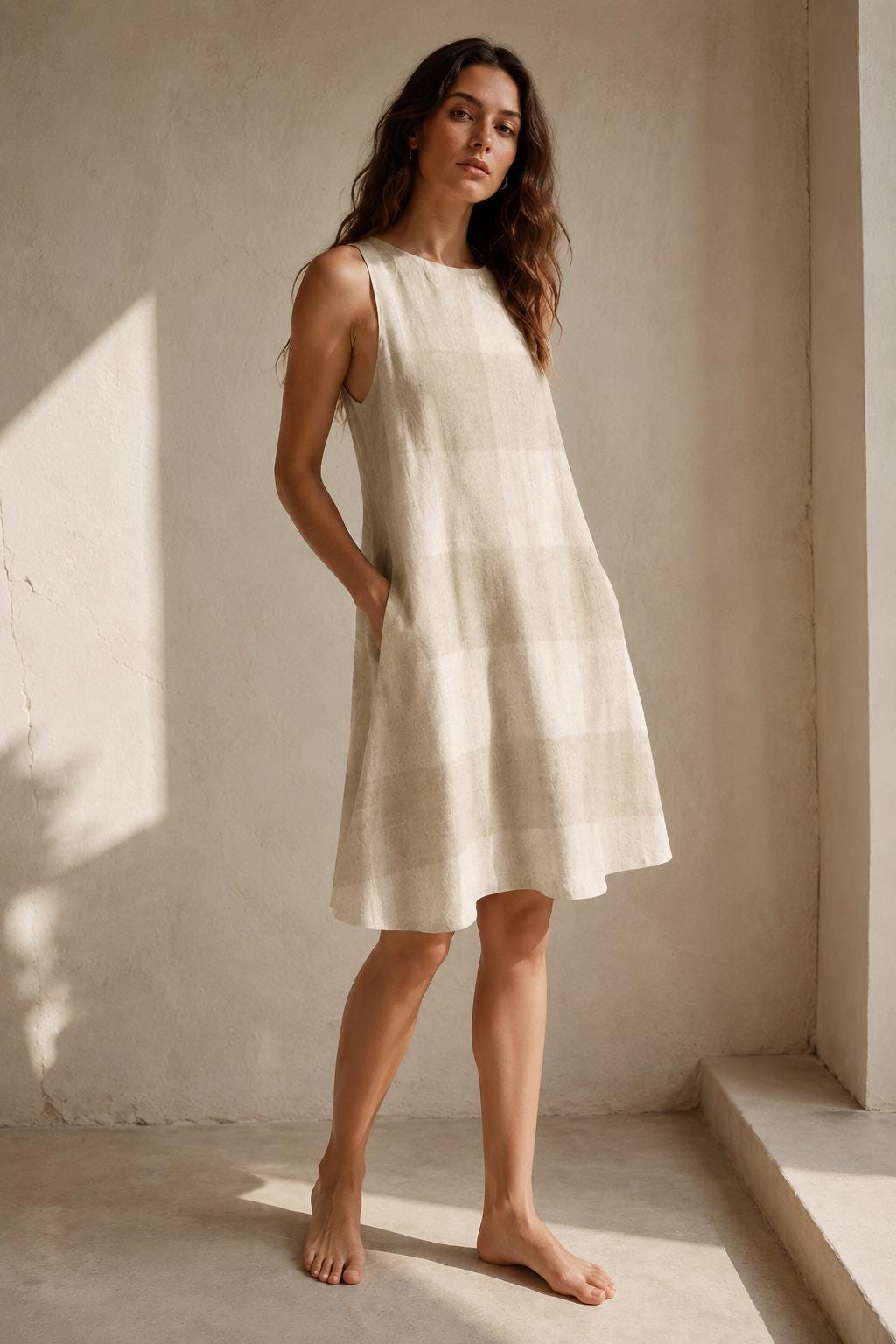 Scandinavian Gingham Resort Dress | Beige Coastal A-Line Pocket Dress