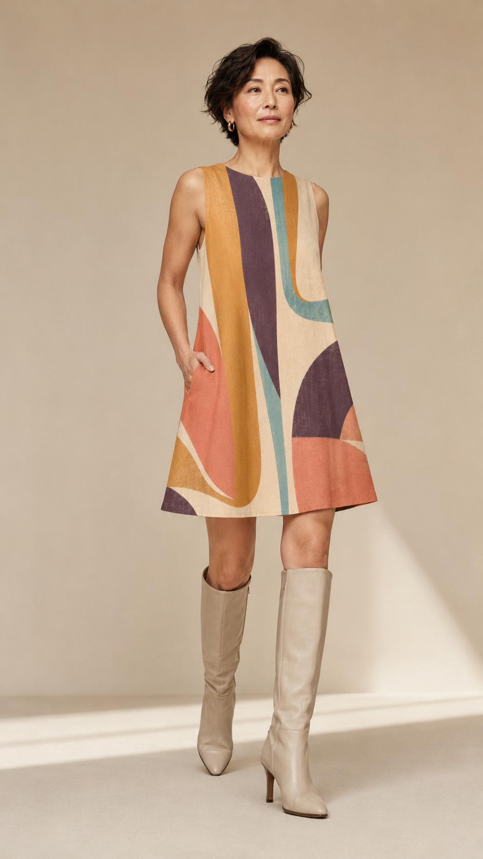Abstract Print A-Line Mini Dress with Pockets, Retro Resort Summer Style