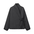 Belted kimono jacket in black gray and brick red options