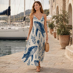 Mediterranean Whale Maxi Dress | Blue White Greek Island Dress