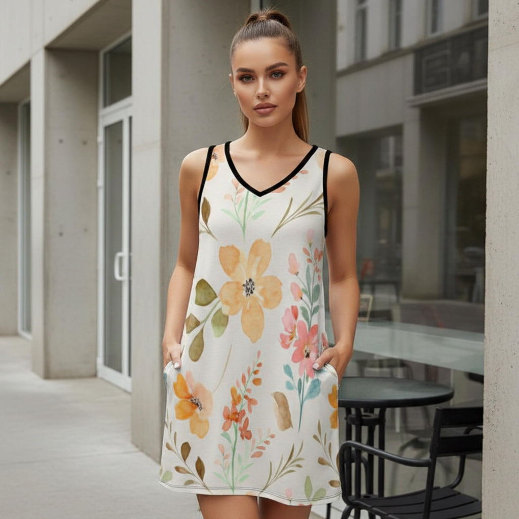 Floral Pocket Sundress | Sleeveless V-Neck Watercolor Mini Dress