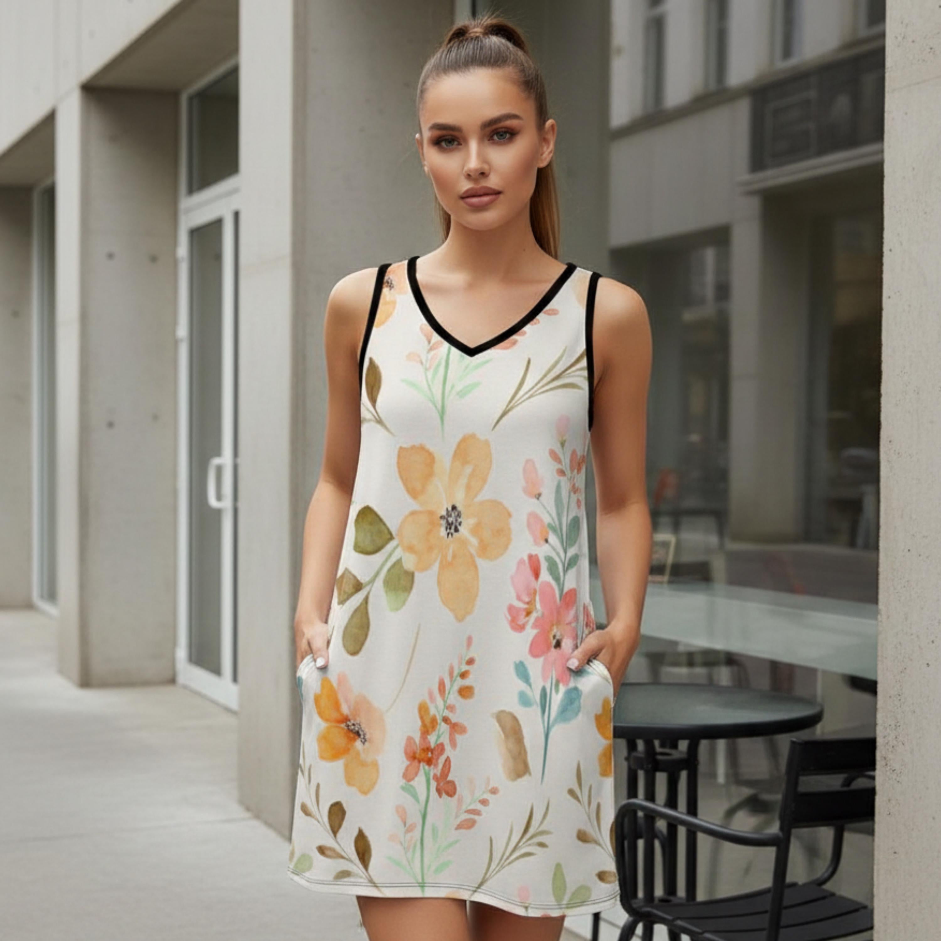 Floral Pocket Sundress | Sleeveless V-Neck Watercolor Mini Dress