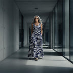 Architectural Monochrome Maxi Dress | Navy Geometric Resort Dress