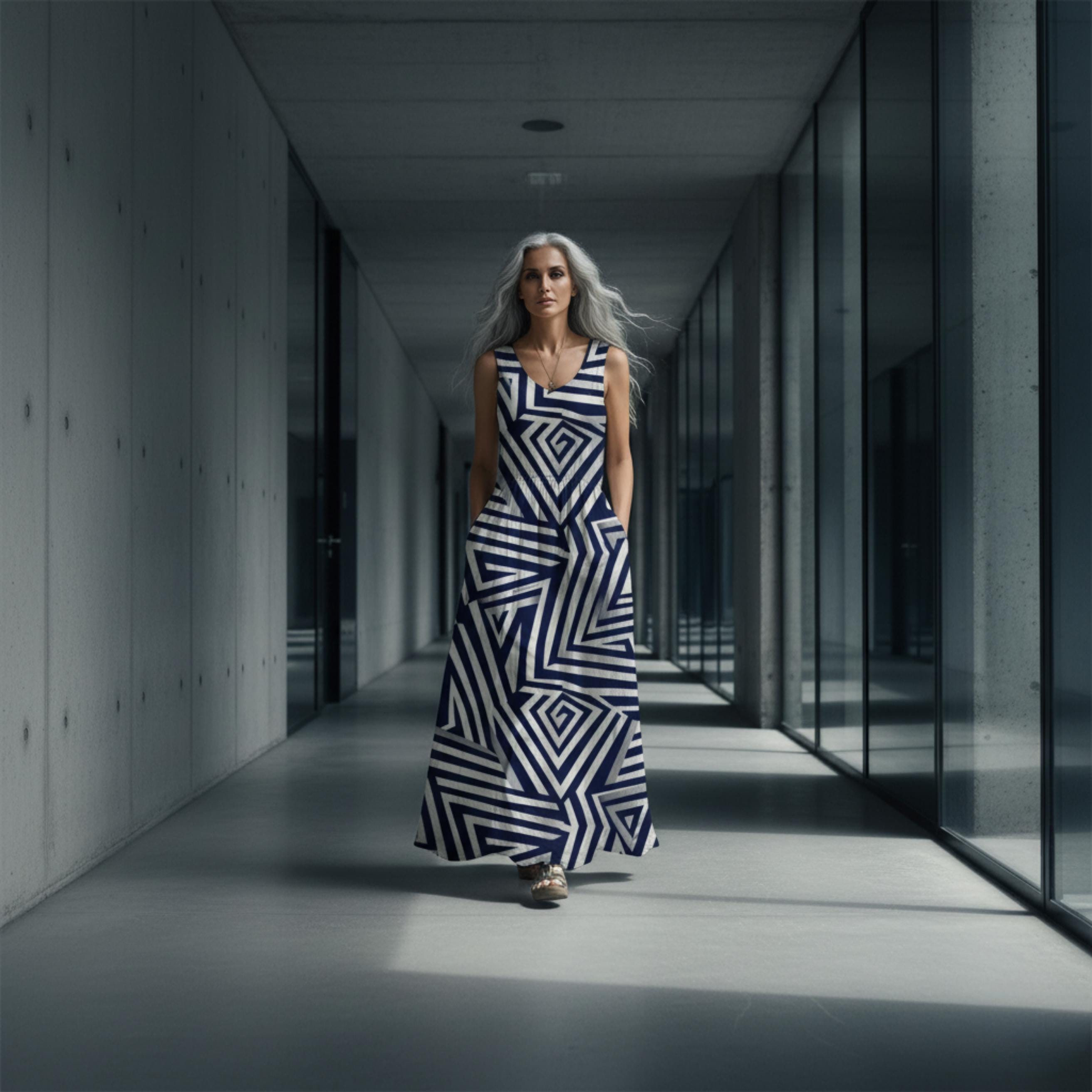 Architectural Monochrome Maxi Dress | Navy Geometric Resort Dress