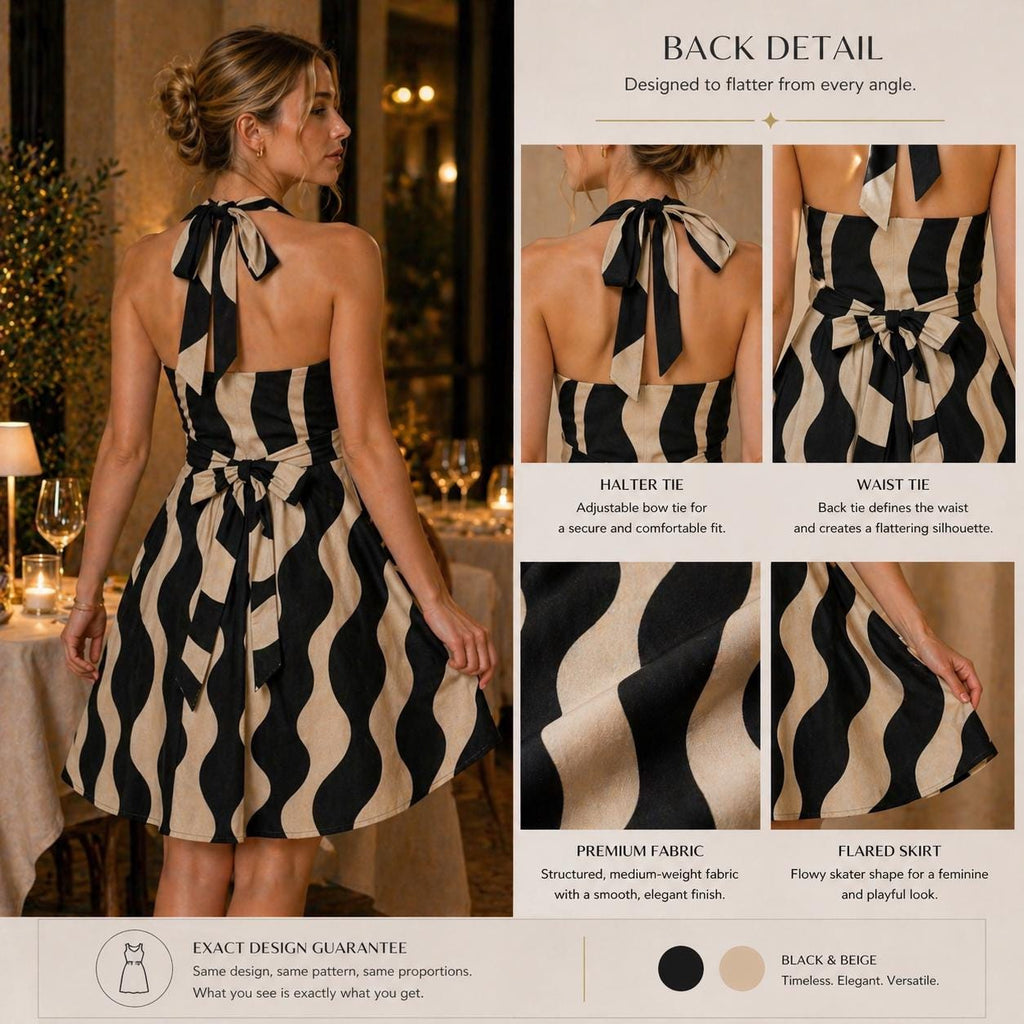 Black Beige Halter Mini Dress | Wedding Guest Date Night Dress