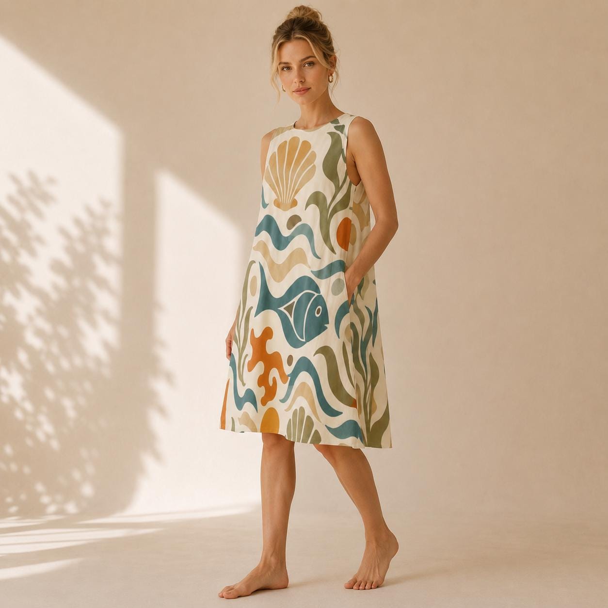 Mediterranean Fish A-Line Dress | Coastal Resort Pocket Dress