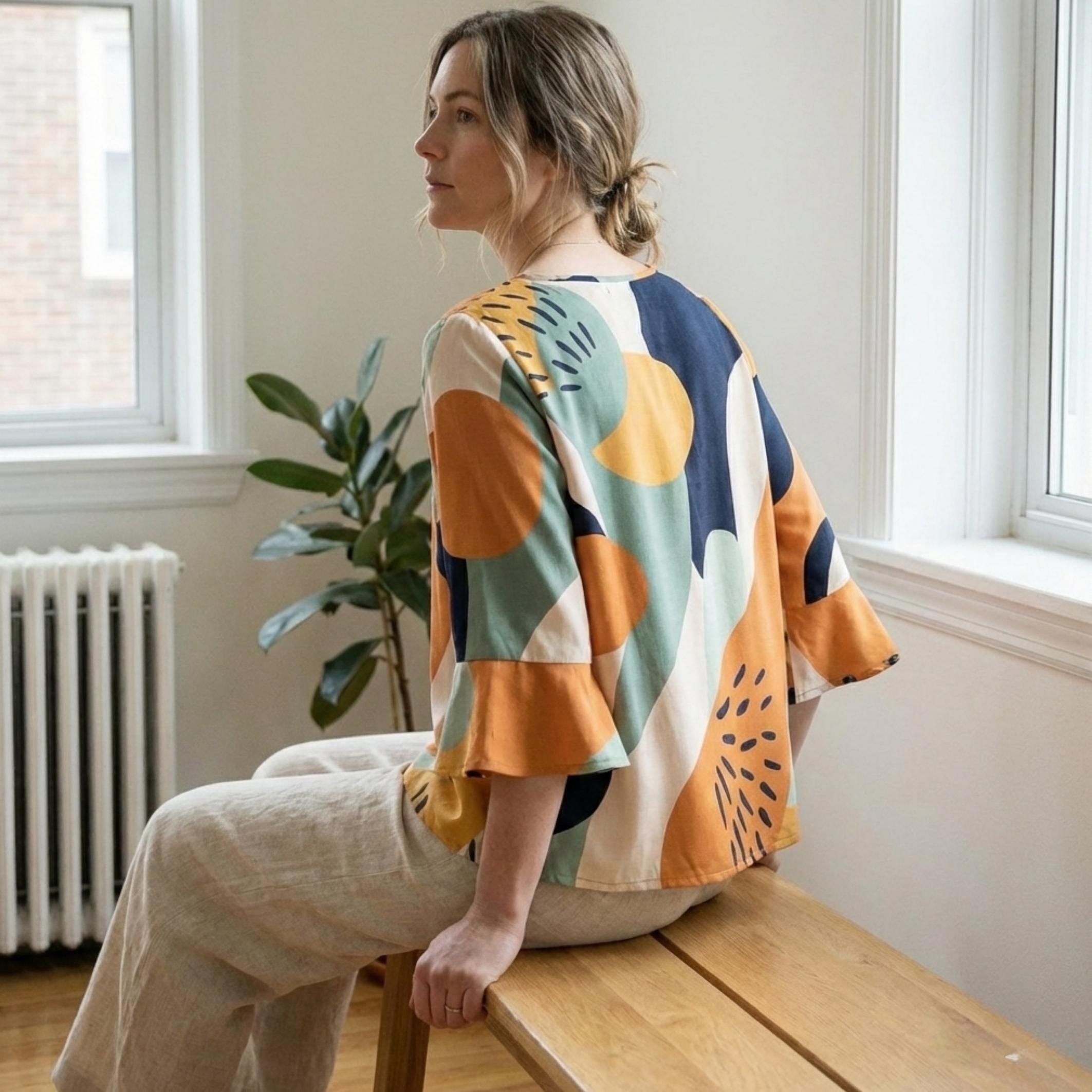 Boho Ruffle Sleeve Blouse | Abstract Print Summer Top