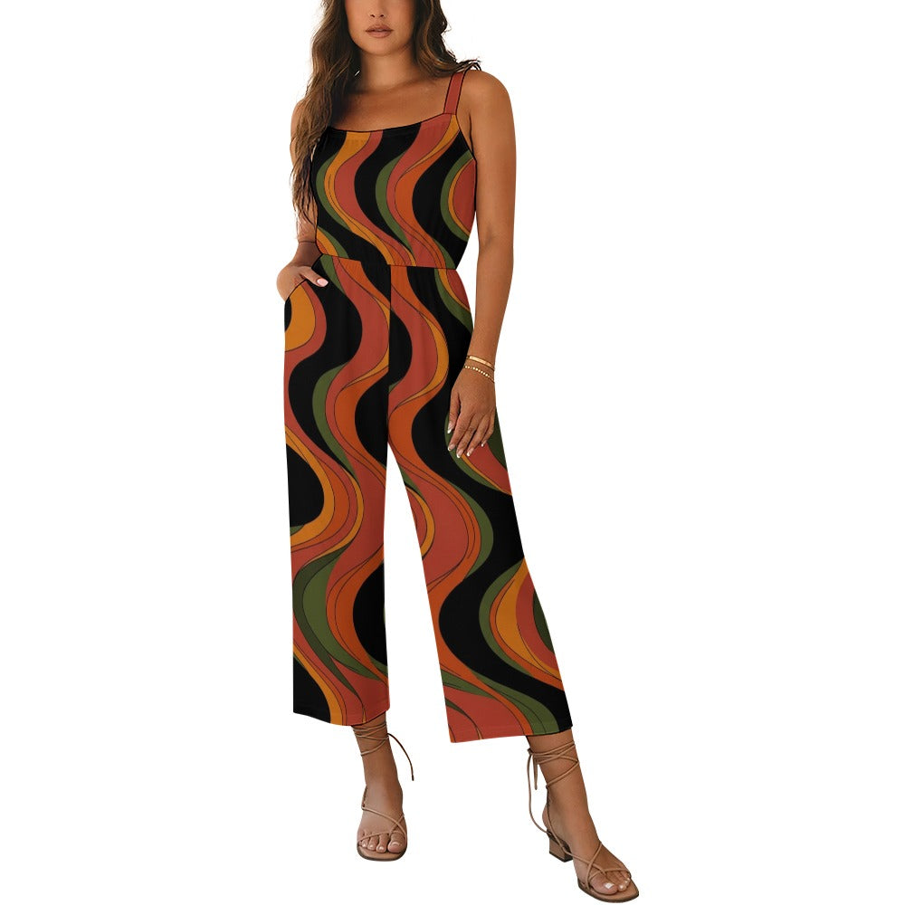 Retro Wave Wide-Leg Jumpsuit with Pockets | 70s Black Terracotta