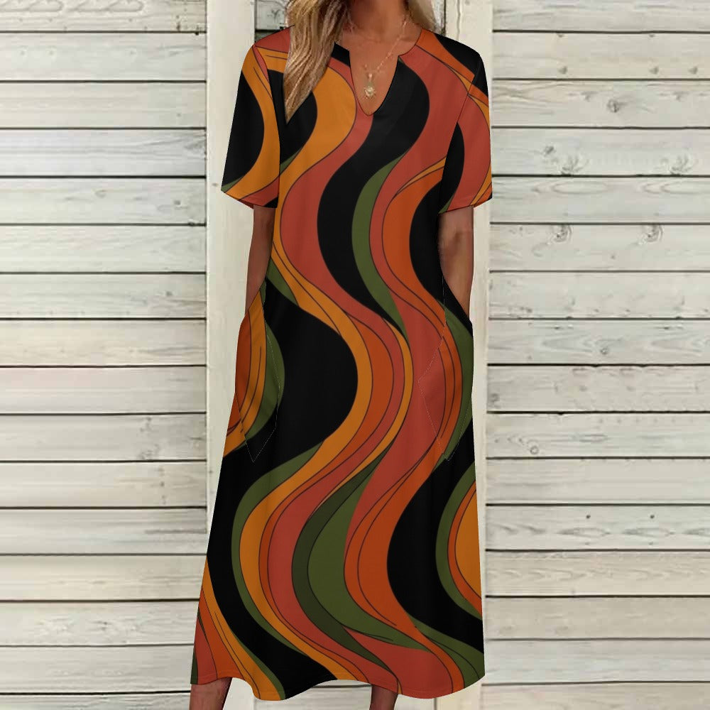 Groovy 70s Maxi Dress, Retro Wave V Neck Dress, Short Sleeve Statement Outfit