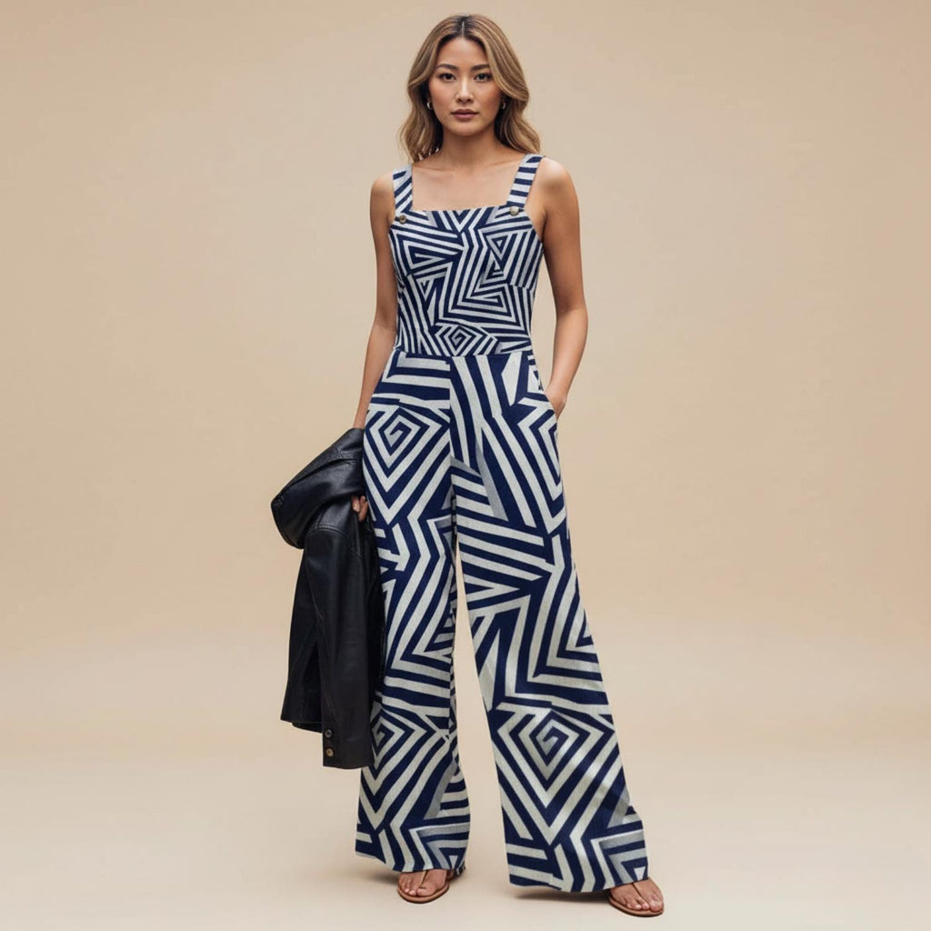 Navy Geometric Wide-Leg Jumpsuit | Modern Art Resort Outfit