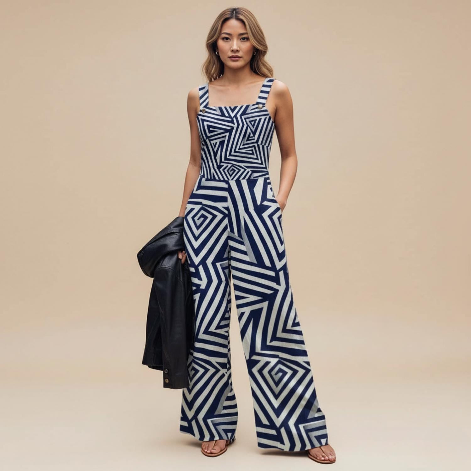 Navy Geometric Wide-Leg Jumpsuit | Modern Art Resort Outfit