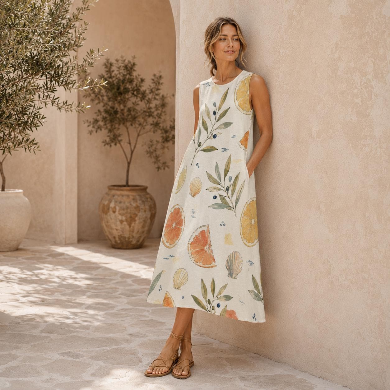 Lemon Olive Cotton Midi Dress | Mediterranean A-Line Pocket Dress
