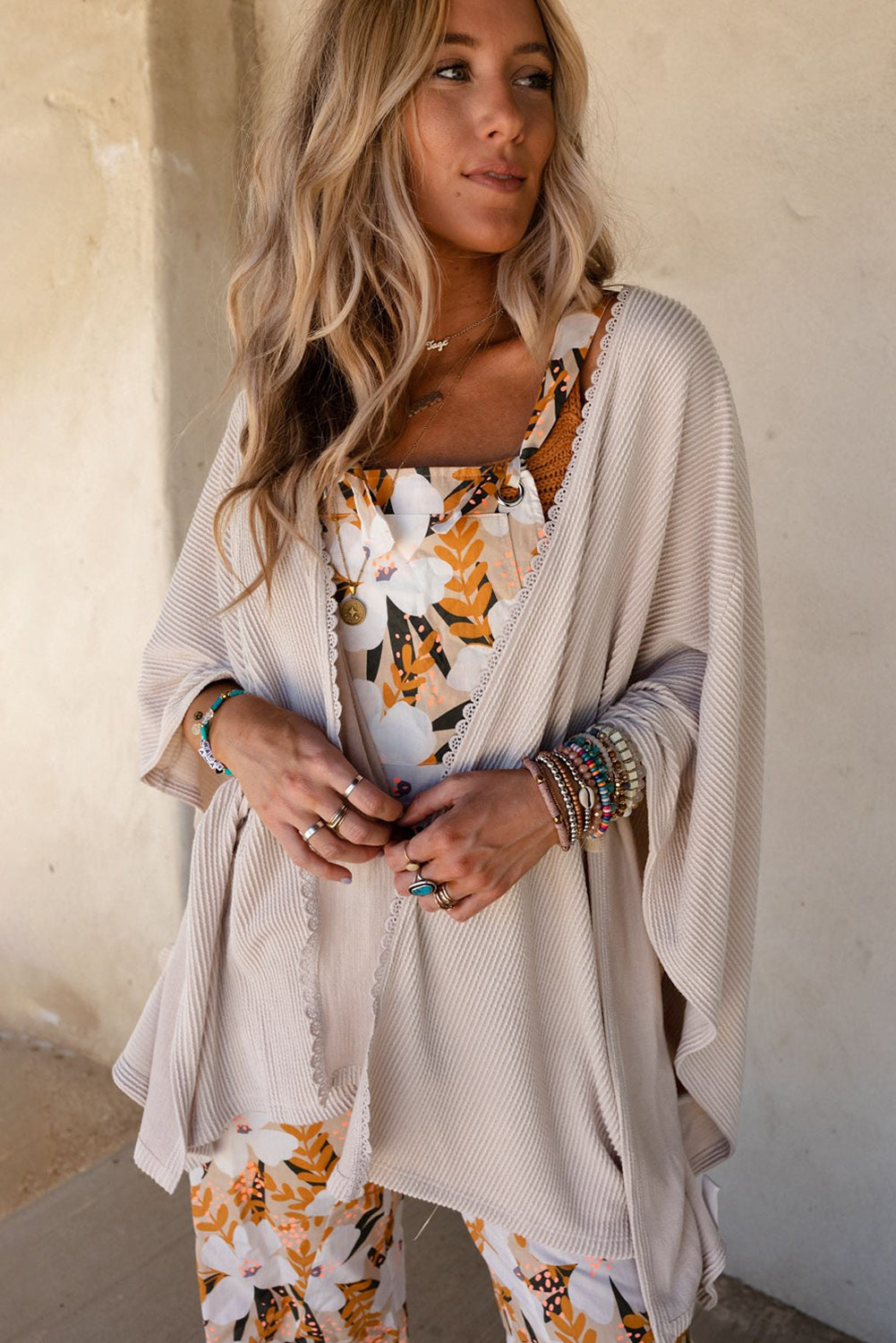 Women's Lace-Trim Ribbed Kimono Cardigan – Black or Apricot