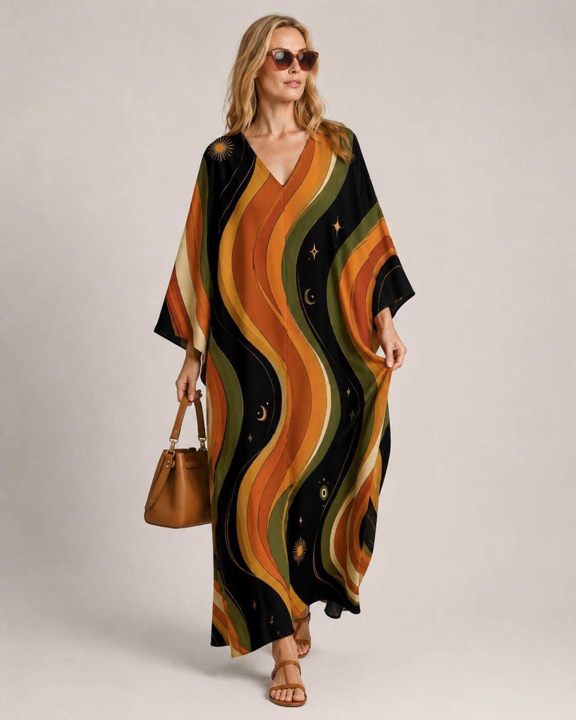 Retro Cosmic Kaftan Dress | Celestial Sun Moon Resort Wear