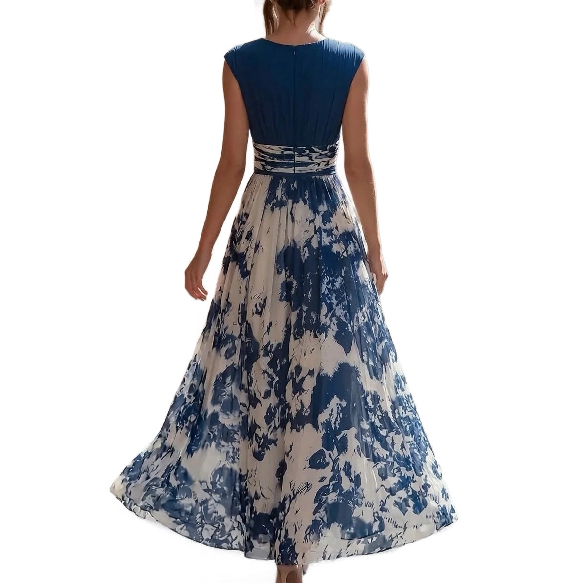 Deep V-Neck Sleeveless Printed Irregular-Hem Dress
