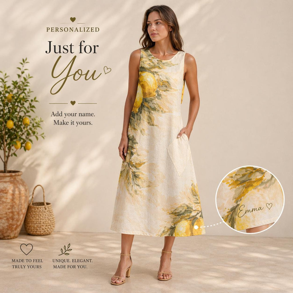 Personalized Lemon Midi Dress | Custom Name Mediterranean Summer Dress