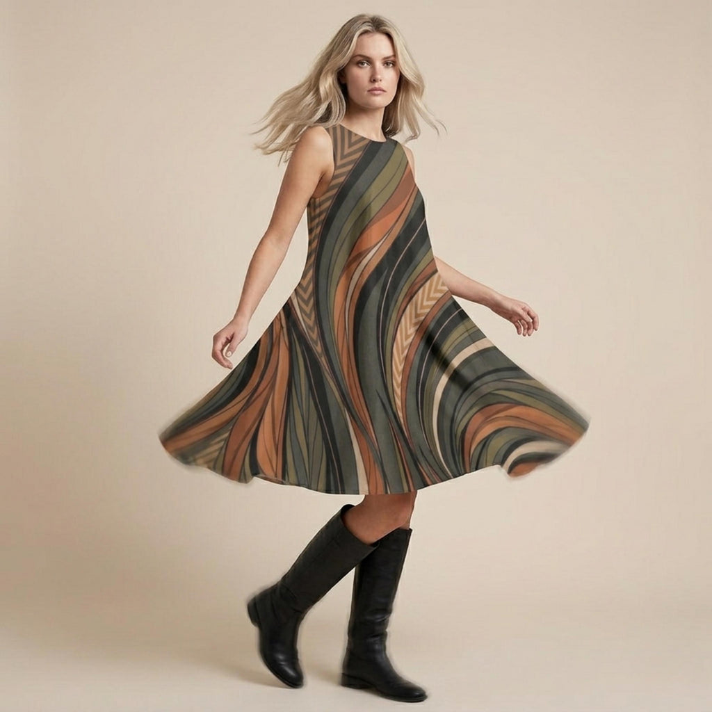 Retro Wave A-Line Midi Dress | Earth Tone Pocket Dress