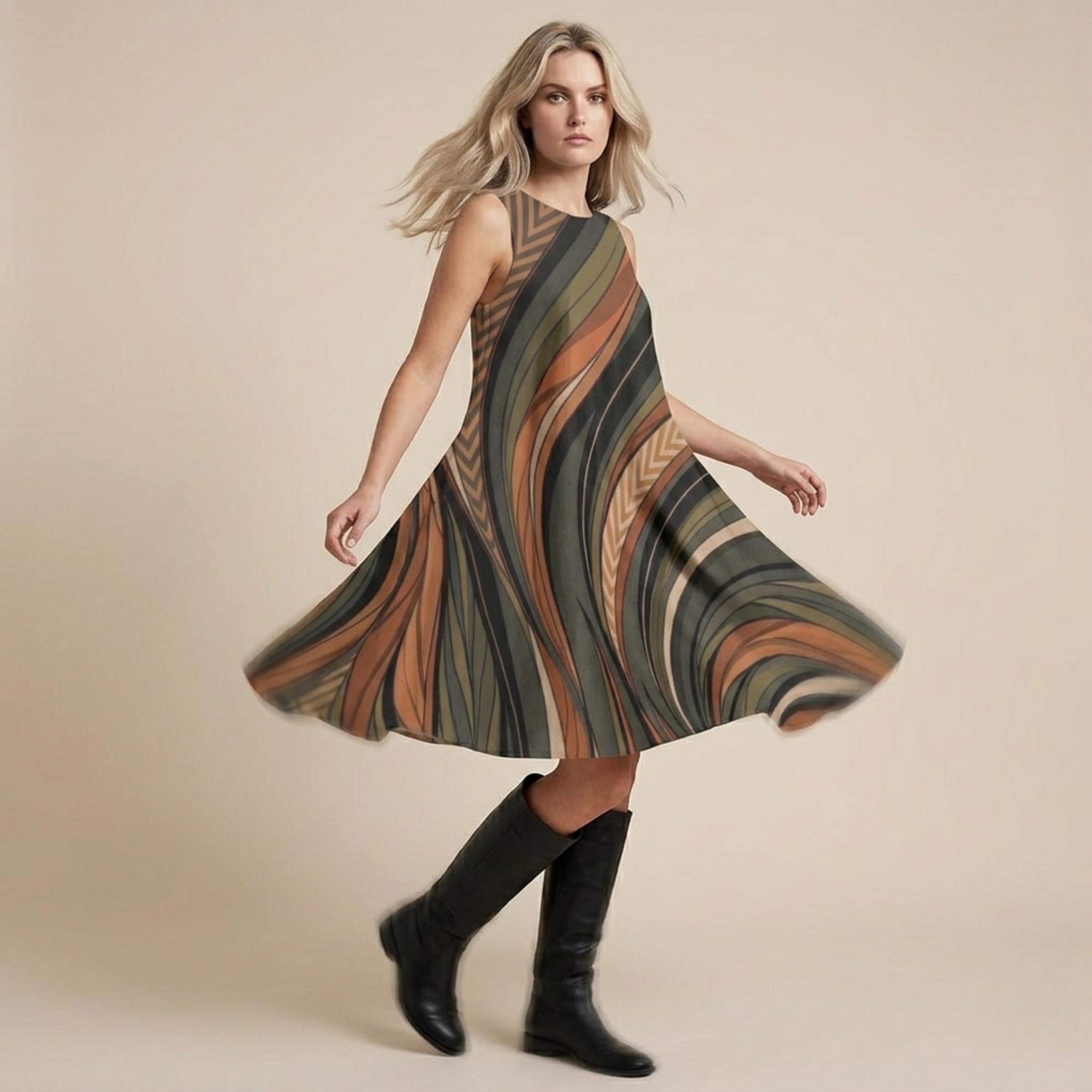 Retro Wave A-Line Midi Dress | Earth Tone Pocket Dress