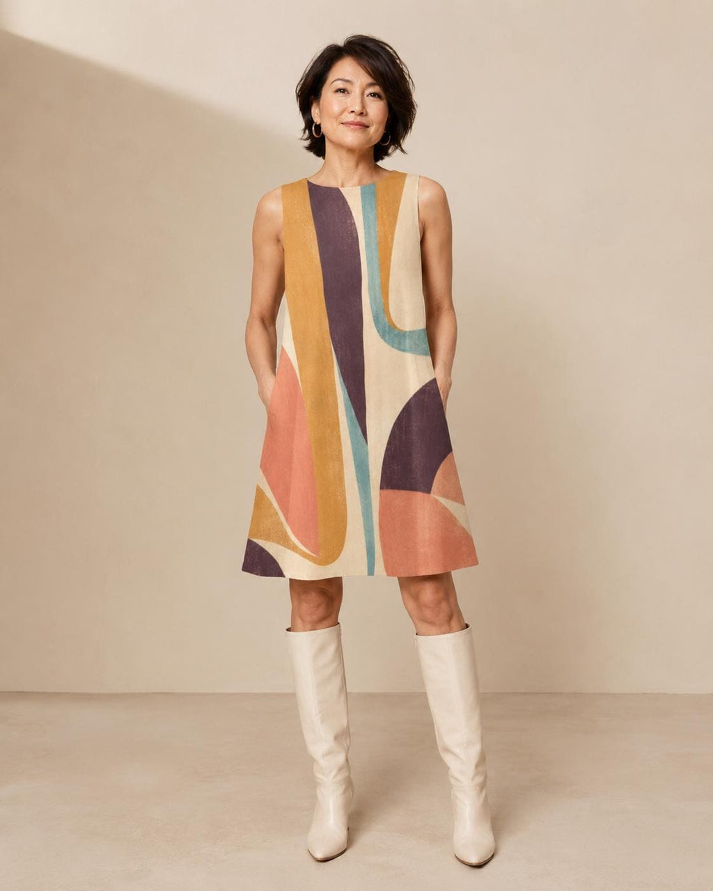 Abstract Print A-Line Mini Dress with Pockets, Retro Resort Summer Style