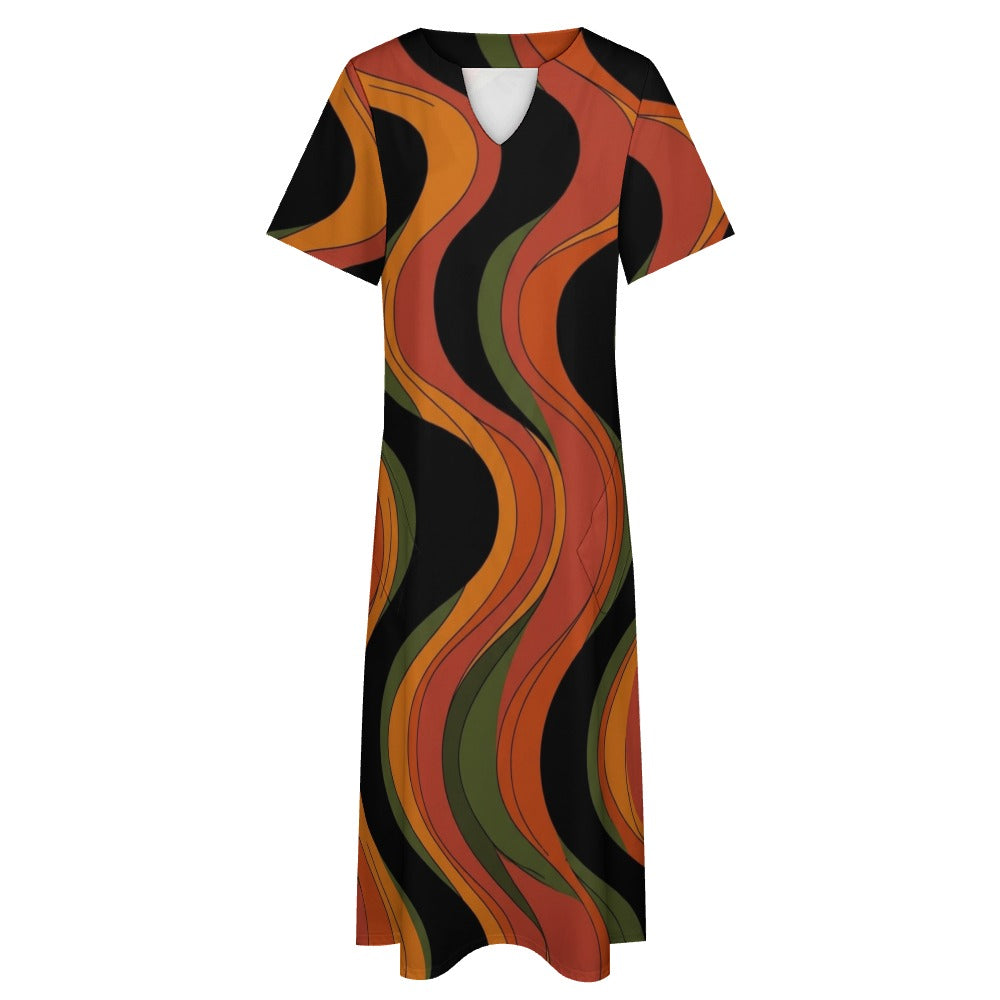 Groovy 70s Maxi Dress, Retro Wave V Neck Dress, Short Sleeve Statement Outfit