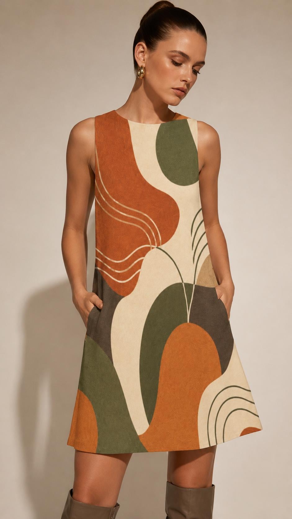 Earthy Abstract A-Line Mini Dress | Retro Coastal Pocket Dress