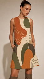 Earthy Abstract A-Line Mini Dress | Retro Coastal Pocket Dress