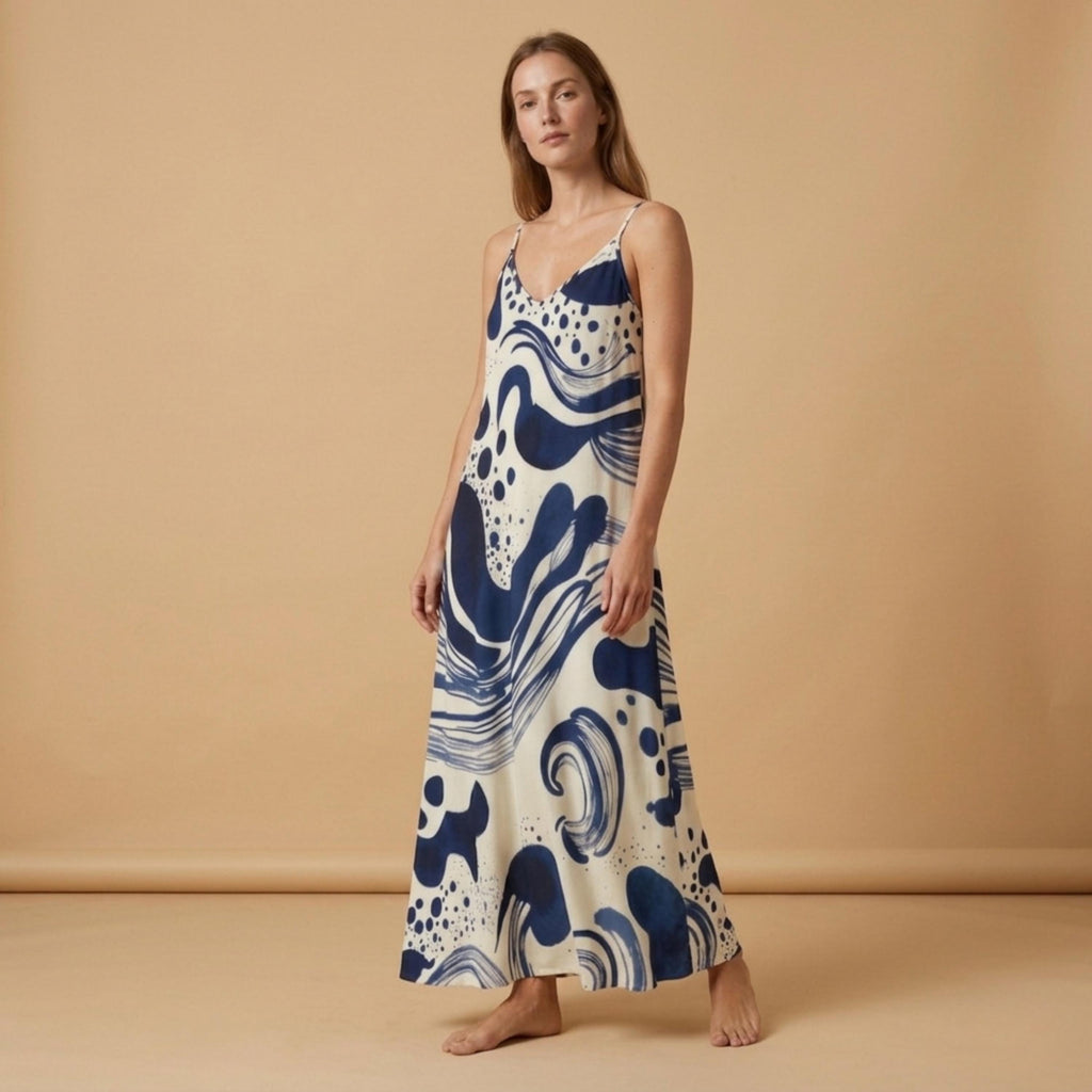 Blue White Slip Maxi Dress | Elegant Mediterranean Vacation Dress