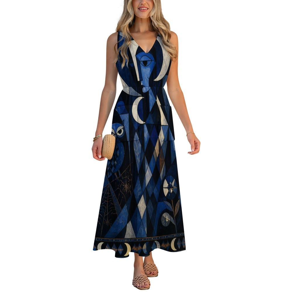 Evil Eye Celestial Maxi Dress with Pockets | Blue V-Neck