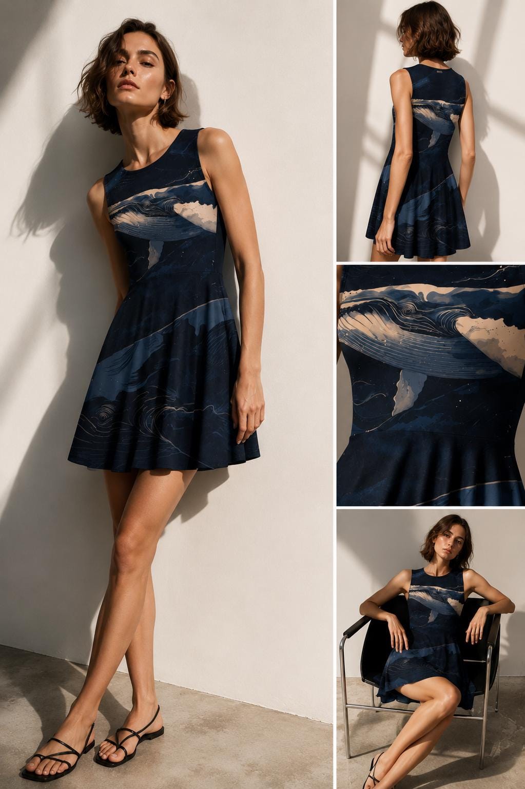 Midnight Whale Mini Dress | Coastal Ocean Art Skater Dress