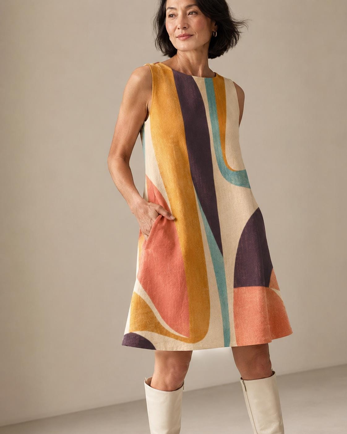 Abstract Print A-Line Mini Dress with Pockets, Retro Resort Summer Style