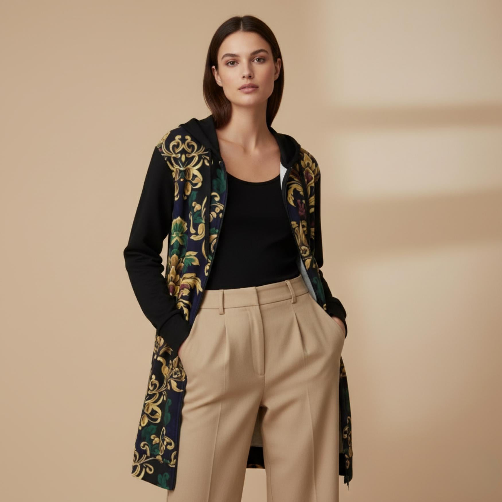 Baroque Long Hooded Coat | Black Gold Statement Zip Jacket