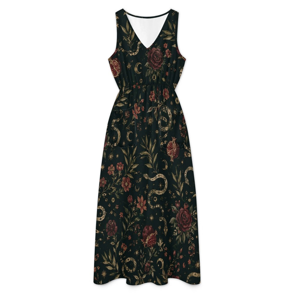 Forest Botanical Maxi Dress with Pockets | V-Neck Resort Dress