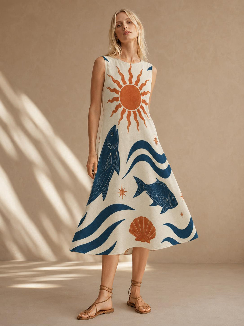 Sun Fish Cotton Midi Dress | Mediterranean A-Line Pocket Dress