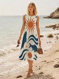 Sun Fish Cotton Midi Dress | Mediterranean A-Line Pocket Dress