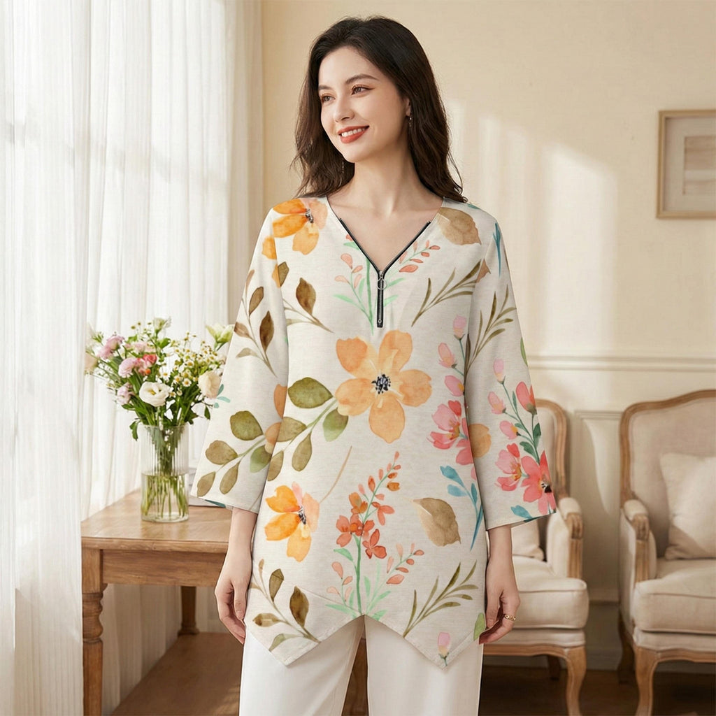 Soft Floral V-Neck Tunic | Watercolor Irregular Hem Top