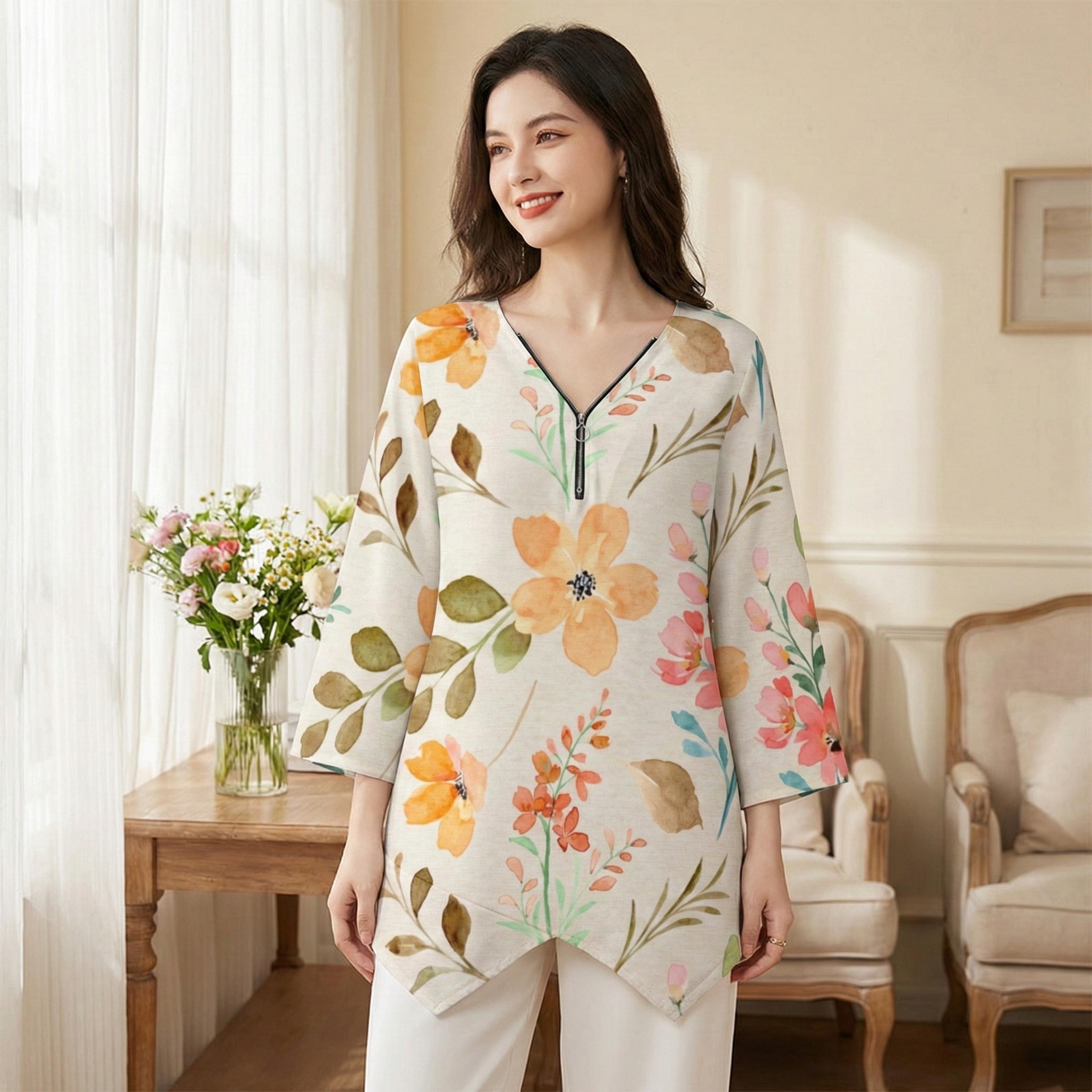Soft Floral V-Neck Tunic | Watercolor Irregular Hem Top