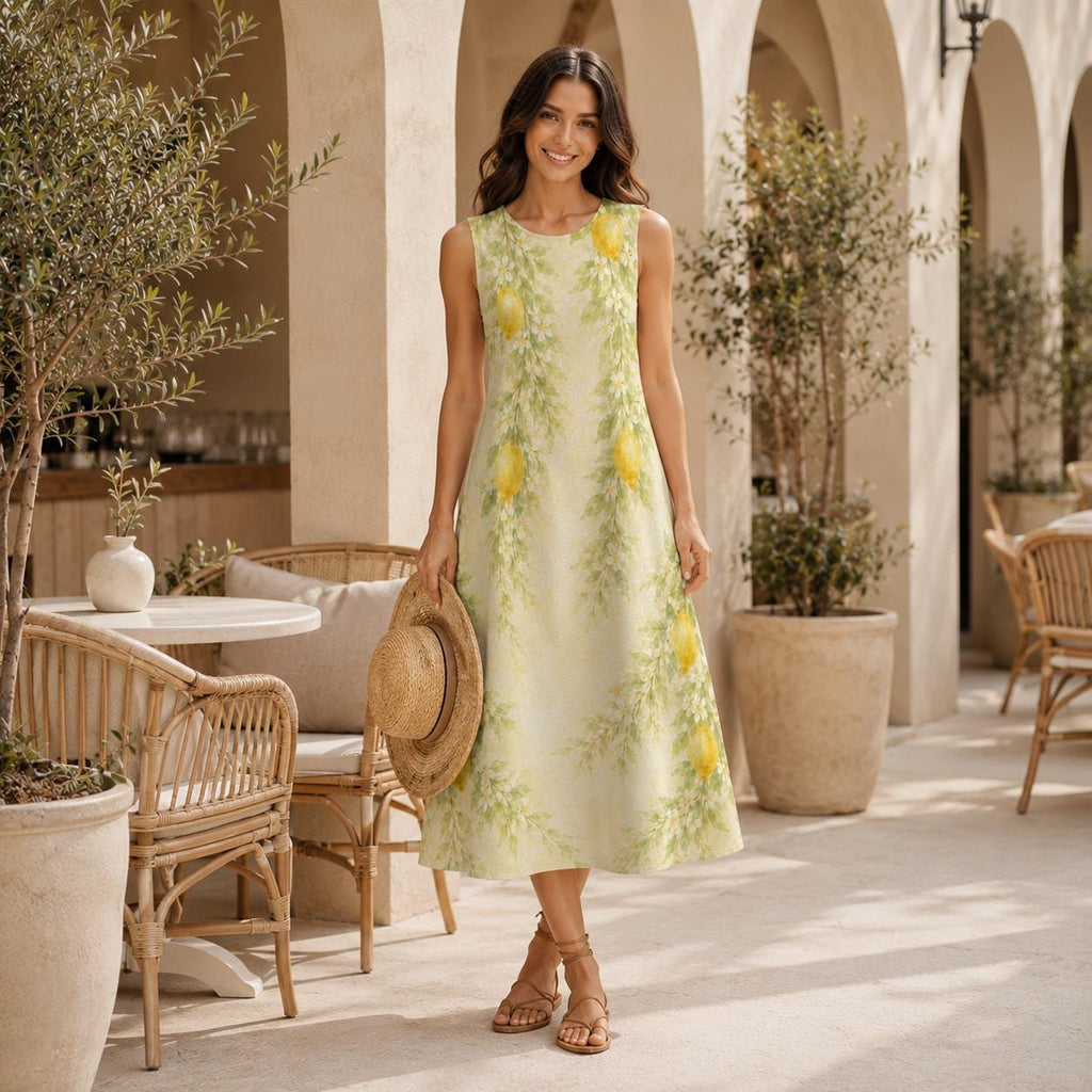 Lemon Floral Cotton Midi Dress | Garden Party A-Line Pocket Dress